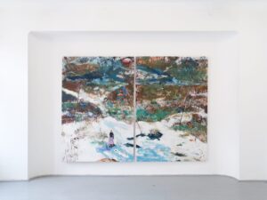 Snowy hills in latent space, 2022, acrylic and oil on linen, diptych, 200 x 274 cm