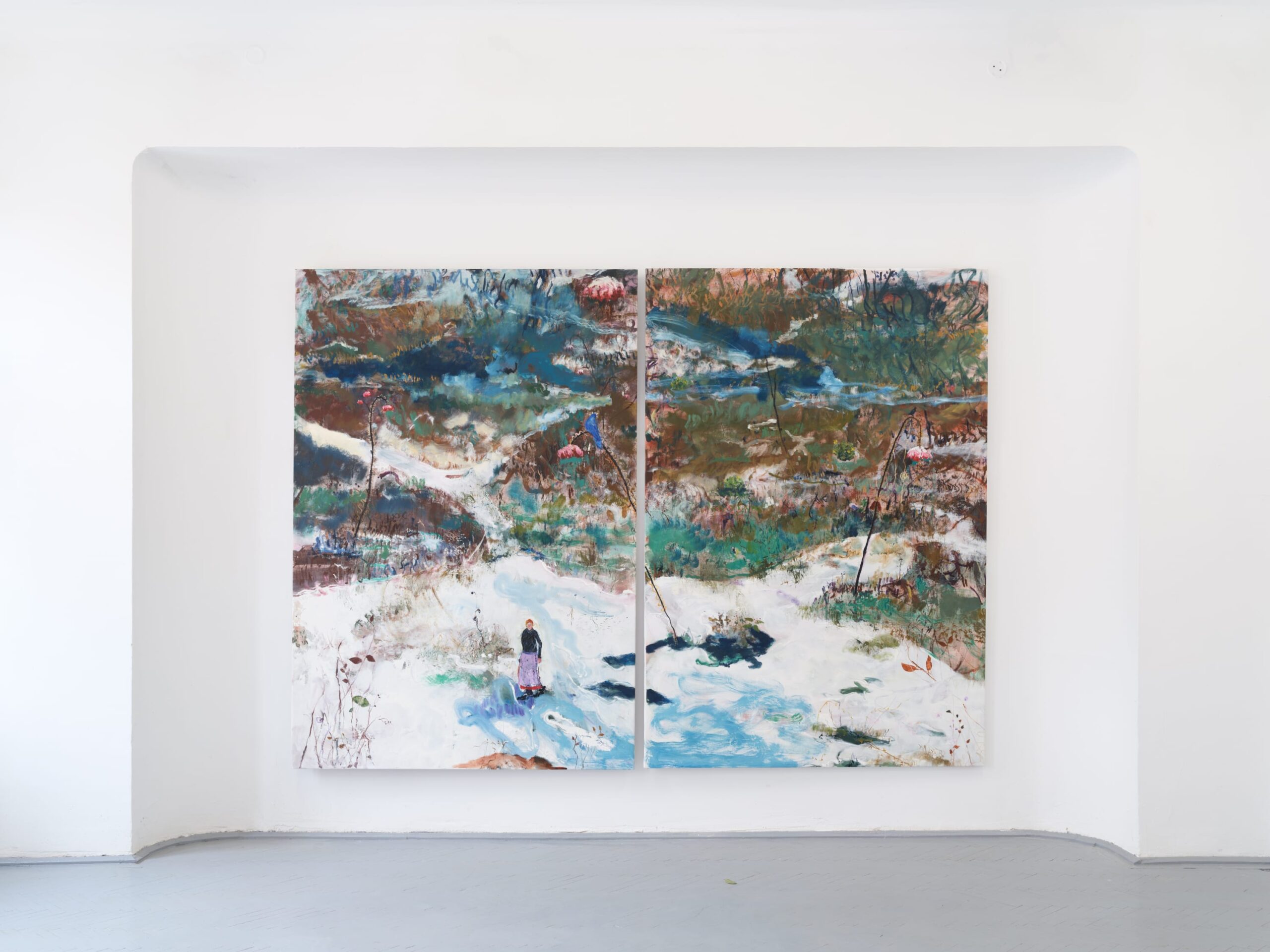 Snowy hills in latent space, 2022, acrylic and oil on linen, diptych, 200 x 274 cm