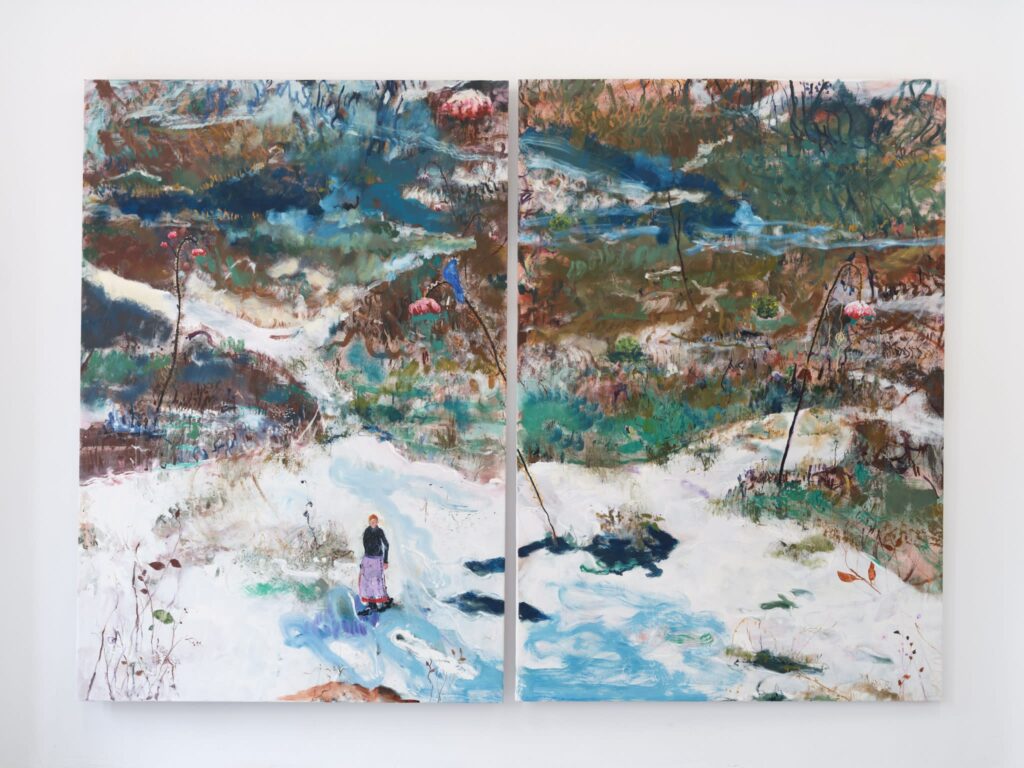 Snowy hills in latent space, 2022, acrylic and oil on linen, diptych, 200 x 274 cm