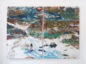 Snowy hills in latent space, 2022, acrylic and oil on linen, diptych, 200 x 274 cm