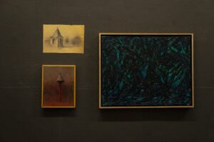 Costel Chițimuș - Metanie IV, pigment, oil on wood, 37 x 30 cm Costel Chițimuș - Metanie VII, pencil on paper, 20 x 15 cm Hengeli Arthúr-Roland - Where Druids Perform Their Rituals, oil on canvas, 35 x 45 cm